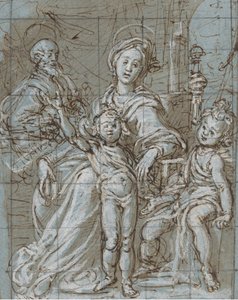 Svatá rodina s nemluvnětem sv. Jana Křtitele recto, velkoplošné ořezané skici..., 1590-92.