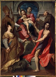 Panna s dítětem se svatými Františkem z Assisi, svatým Janem Křtitelem, svatou Markétou Antiochijskou a svatým Řehořem Velikým (Panna s dítětem se svatými Františkem z Assisi, Janem Křtitelem, Markétou a Řehořem Velikým). Obraz Gregoire Pagani (15