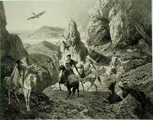 Lov na sokoly u Jerevanu, Arménie, deska 20 z knihy o Kavkaze, vyryl Eugene Ciceri (1813-90) a Adolphe Jean-Baptiste Bayot (1810-66), vydal Alfred Leon Lemercier, Paříž