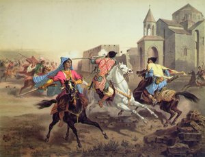 Přestřelka Peršanů a Kurdů v Arménii, tisk Alfred Leon Lemercier, Paříž, kolem 1850-60 (barevně lito)