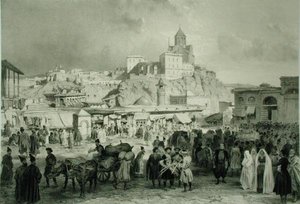 Bazaar na náměstí Maidan, Tiflis, Georgia, deska 25 z knihy o Kavkaze, vyryla Adolphe Jean-Baptiste Bayot (1810-66) a Eugene Ciceri (1813-90), vydal Alfred Leon Lemercier, Paříž