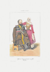 Terek Cossack with Daughter From: Scény, paysages, meurs et Kostýmy du Caucase, 1840 od Grigori Grigorevich Gagarin