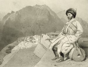 Pohled na Ghimri a Portrét Hadji-Mourada, deska 66 z knihy o Kavkaze, vyryl Jules Joseph Augustin Laurens (1825-1901) a Eugene Ciceri (1813-90) od Adolphe Mouillerona (1820-81), pu