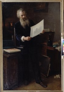 ""První dojem"" (První dojem). Portrét umělce Ivana Ivanoviče Šiškina (Ivan Ivanovič Šiškin) (1832-1898) při pohledu na jedno ze svých děl, které právě vytvořil. Obraz Grigorije (Grigoriy, Grigory) Grigoryevich Myasoyedov ( od Grigori Grigoryevich Myasoedov