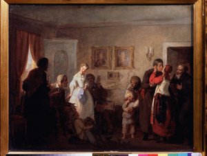 Gratulujeme novomanželskému páru v zámku. (Gratulujeme novomanželům v panském domě). Obraz Grigorije (Grigoriy, Grigory) Grigoryevich Myasoyedov (Myasoedov, Miasoedov) (1834-1911), olej na plátně od Grigori Grigoryevich Myasoedov