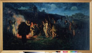 Obřad orby. Scéna selského života, slovanská lidová slavnost, za soumraku, kolem velkého ohně, rolníci vybavení svými zemědělskými nástroji a lucernami v průvodu přinášejí mladou nahou dívku v naději