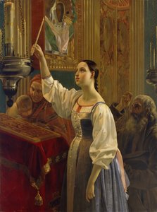 Dívka položila svíčku před ikonu, 1842 od Grigori Karpovich Mikhaylov