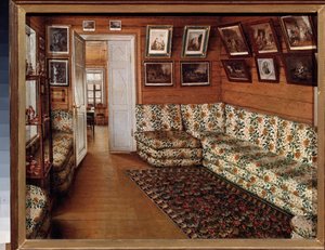 Přijímací místnost v panském domě - obraz Grigorije Vasiljeviče Soroky (1823-1863), olej na plátně - ruské umění 19. století - Státní muzeum historie a umění pod širým nebem, Pskov (Rusko) od Grigori Vasilievich Soroka