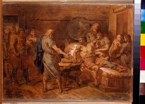 Výzva Kuzmy Minina (zemřel 1616) u knížete Dmitrije Požarského (1577-1642) - Dílo Grigorije Ivanoviče Ugryumova (Ugrioumova) (1764-1823), akvarel a bílá na papíře, cca 1800 (31,6 x 42 cm min.) - (Kuzma Minin