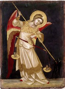 Anděl vážící duši na váze Dřevomalba od Guarienta di Arpo (1338-1370) Museo Civico ze 14. století, Padova