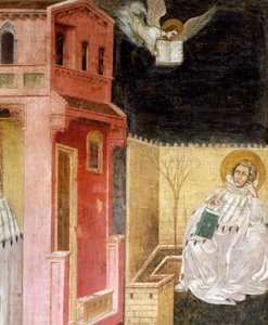 Zjevení anděla, detail z Vidění svatého Augustina, scéna z Příběhů svatého Filipa a svatého Augustina, od Guarienta (činný od roku 1338, zemřel cca 1367), freska, Kostel Eremitani (poustevníci), Padova, Veneto. Itálie