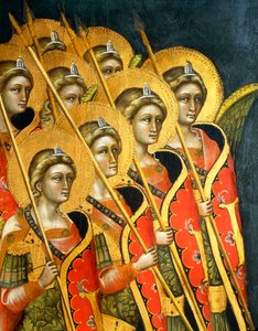 Ozbrojená skupina andělů, od Guarienta (aktivní 1338-1367 nebo 1370), detail