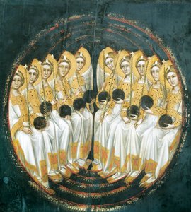 Sedící andělé s koulemi v rukou, od Guarienta (aktivní 1338-1367 nebo 1370), tempera na panelu