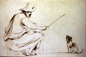 Sedící muž cvičící psa (pero, hnědý inkoust a mytí na papíře) od Guercino