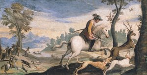 Lov jelenů a divokých prasat, Giovanni Francesco Barbieri, známý jako Guercino (1591-1666), freska, 53x101 cm od Guercino