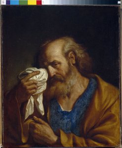 Svatý Petr apoštol (Petr The Apostle). Portrét Ježíšova učedníka, který si utírá slzy, které mu stékají po tváři. Obraz Giovanni Francesco Barbieri, známý jako Guercino (Le Guerchin) (1591-1666), olej na plátně