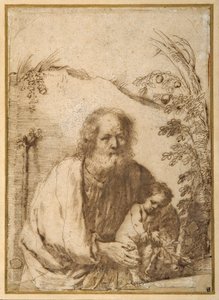 Svatý Josef a Jezulátko svírající větvičku jabloně (pero a inkoust na papíře) od Guercino