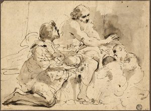 Studie Jákob žehná synům Josefovým, asi 1620 (pero a hnědá tuš se štětcem, šedým a hnědým lakem)