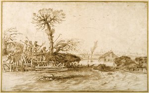Řeka v záplavě a rolníci se sekerami a dalšími nástroji (pero a inkoust přes křídu na papíře) od Guercino