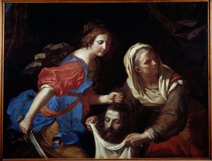 Hlava Judith a Holofernes. Jeho služebná Abra drží tašku, zatímco Judith pokládá hlavu muže. Obraz Giovanni Francesco Barbieri dit Guercino (Guerchin od Guercino