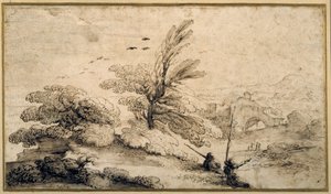 Krajina se dvěma odpočívajícími rybáři (pero a inkoust na papíře) od Guercino
