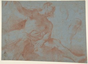 Sedící starý muž se zdviženou pravou paží (Tithonus) (recto) od Guercino