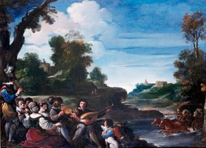 Letní potěšení krajina s koncertem. Obraz Giovanni Francesco Barbieri Guerchin dit Il Guercino (1591-1666) 17. století Sun. 0,35x0,47 m Florencie, galerie Uffizi od Guercino