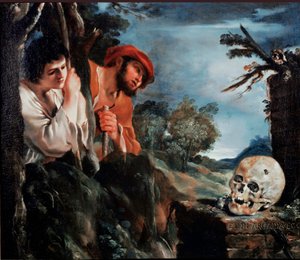 Pastýři Arcadia Men kolem hrobky řeckého ostrova Peloponés. Obraz (Vanita) Giovanni Francesco Barbieri Guerchin dit Il Guercino (1591-1666) 1618 kolem Říma, Galleria Corsini od Guercino