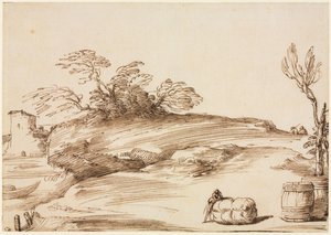 Krajina s mužem opřeným o balík od Guercino