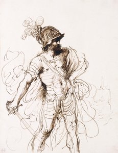 Mars, jeho meč vytažený, se otočil doprava, od Guercino