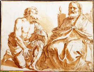 Sedící biskup a klečící světec od Guercino