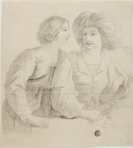 Dvě mladé ženy, jedna v turbanu, v rozhovoru od Guercino