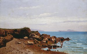 Rybáři na neapolském pobřeží, s ostrovem Capri v pozadí, Guglielmo Ciardi (1842-1917), olej na plátně, 47,5x76,5 cm