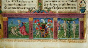 Stvoření a pokušení Adama a Evy s erbem rodu Este, z Bible des Chartreux