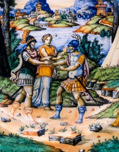 Nádobí: Latinus a Aeneas, detail, kolem roku 1540 (majolika) od Guido (attr. to) Durantino