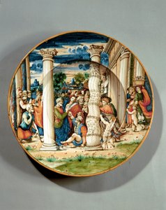 Miska s vyobrazením svatého Petra a svatého Jana, kteří uzdravují chromého v chrámu, asi 1540-50 (maiolika) od Guido Di (workshop of) Merlino