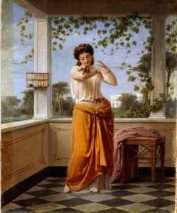 Na paži mu sedí mladá žena na útěku v neoklasicistní výzdobě, malý ptáček, který uteče z klece. Obraz Guida Gonina (1833-1906) Rozm. 57x47 cm Genes Nervi, Galleria by Arte Moderna, inv. 102 od Guido Gonin