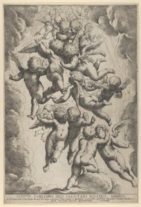 Skupina andělů objímajících se v letu, orámovaná mraky, ca. 1607, ca. 1607. od Guido Reni