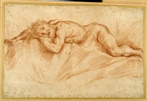 Vyděšený nahý muž, ležící na kamenité půdě (červená křída na papíře) od Guido Reni