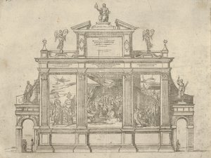 Fasáda triumfálního pomníku se třemi výjevy znázorňujícími činy papeže Klementa VIII., t..., 1598. od Guido Reni