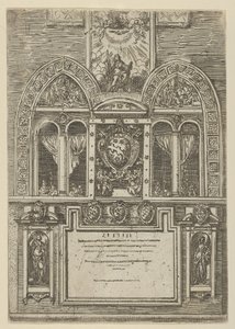 Fasáda Palazzo del Senato v Bologni s papežskými pažemi uprostřed, s dočasným ..., 1598. od Guido Reni