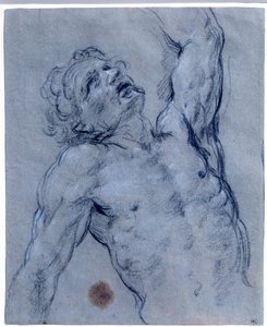 Polopostava nahého muže se otočí dozadu a předstírá, že trpí kresbou černým kamenem od Guida Reniho zvanou Průvodce (1573-1642). Slunce 0,26x0,21 m Paříž, musee du Louvre od Guido Reni