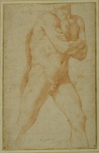 Nahý muž kráčí vpřed, se založenýma rukama a dívá se přes toto pravé rameno (červená křída na krémovém papíře) od Guido Reni