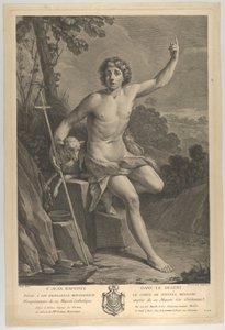 Svatý Jan Křtitel v poušti, sedící na skále a směřující vzhůru levým h..., 1770 od Guido Reni