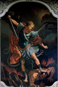 Archanděl Saint Michael Terrassing the Dragon Obraz od V. M. De Girolama (20. století) podle Guida Reniho. 1957 od Guido Reni