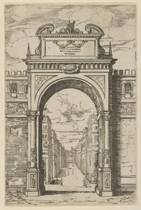 Triumfální oblouk převýšený sochou Mojžíše, budovy viděné obloukem pod ním, t..., 1598. od Guido Reni