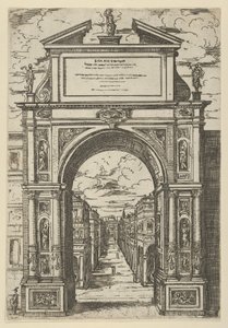 Triumfální oblouk převýšený sochou představující město Bologna, budovy viděné přes..., 1598. od Guido Reni