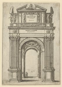 Triumfální oblouk překonaný ženou sedící na delfínovi, pod ním čtyři stojící postavy, tem..., 1598. od Guido Reni