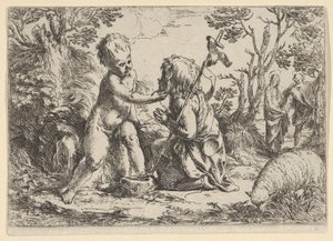 Mladý svatý Jan Křtitel klečící před dítětem Kristem, který hladí jeho f..., ca. 1600-1640. od Guido Reni