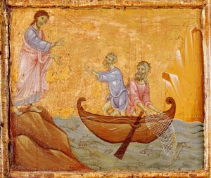 Zázračný úlovek ryby, detail z Antependia svatého Petra na trůnu od Guida da Siena (kolem 1250-1300), tempera a zlato na dřevě